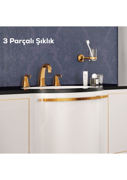 Giza Lavabo Armatürü Altın 3 Delikli Sifonlu