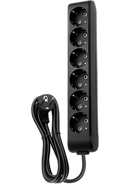 | Altılı Grup Priz, Topraklı - Çocuk Korumalı Çoğaltıcı Priz, 6'lı, 1 M, Siyah