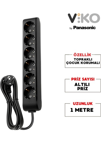 | Altılı Grup Priz, Topraklı - Çocuk Korumalı Çoğaltıcı Priz, 6'lı, 1 M, Siyah fiyatları