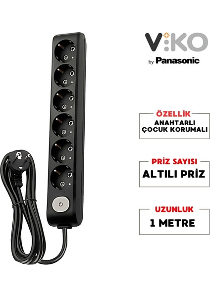 | Altılı Grup Priz, Anahtarlı Topraklı - Çocuk Korumalı Çoğaltıcı Priz, 6'lı, 1 M, Siyah fiyatları