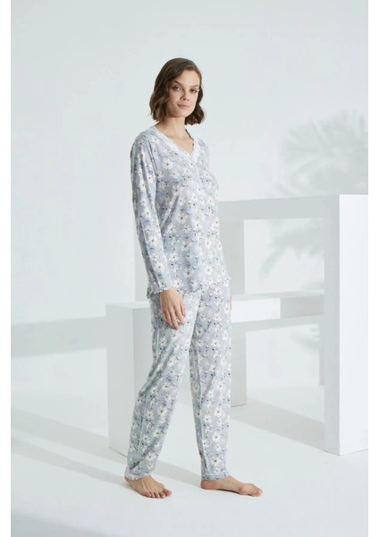 Angelique V Yaka Uzun Kol Kadın Pijama Takım 22004 modelleri