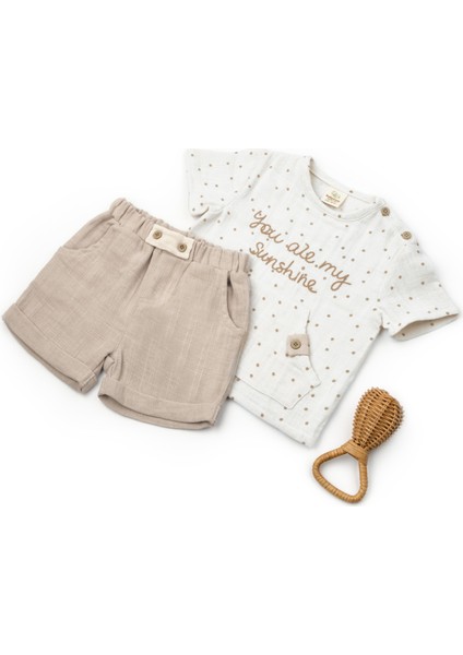 Erkek Bebek Müslin Ekru T-Shirt ve Şort Takımı
