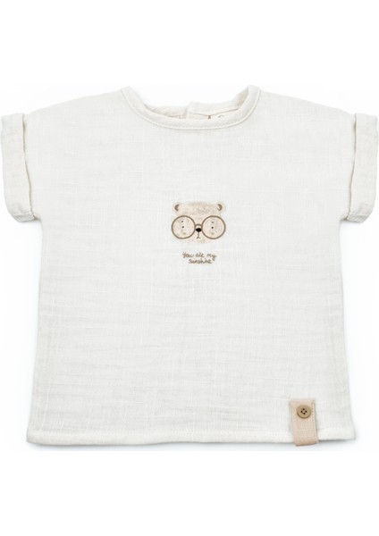 Erkek Bebek Müslin Ekru Ayıcık Baskılı T-Shirt ve Cepli Şort Takımı