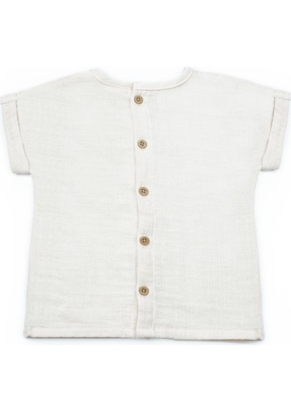 Erkek Bebek Müslin Ekru Ayıcık Baskılı T-Shirt ve Cepli Şort Takımı