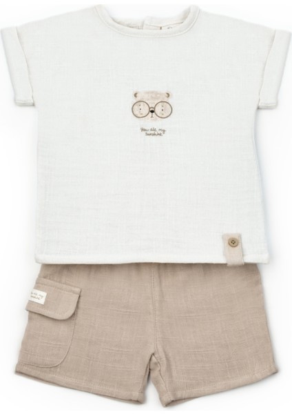 Erkek Bebek Müslin Ekru Ayıcık Baskılı T-Shirt ve Cepli Şort Takımı