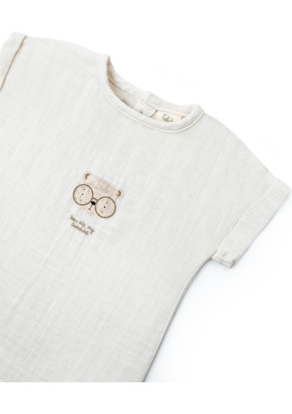 Erkek Bebek Müslin Ekru Ayıcık Baskılı T-Shirt ve Cepli Şort Takımı