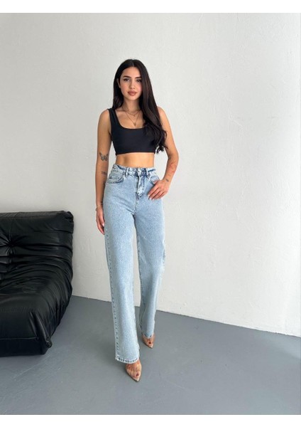 Kadın Taş Detaylı Palazzo Kot Pantolon Buz Mavi