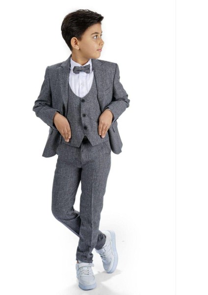 Erkek Çocuk Gri Ceket Gömlek Yelek Papyon Pantolon Smokin Damatlık Takım