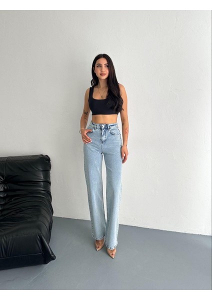 Kadın Taş Detaylı Palazzo Kot Pantolon Buz Mavi modelleri