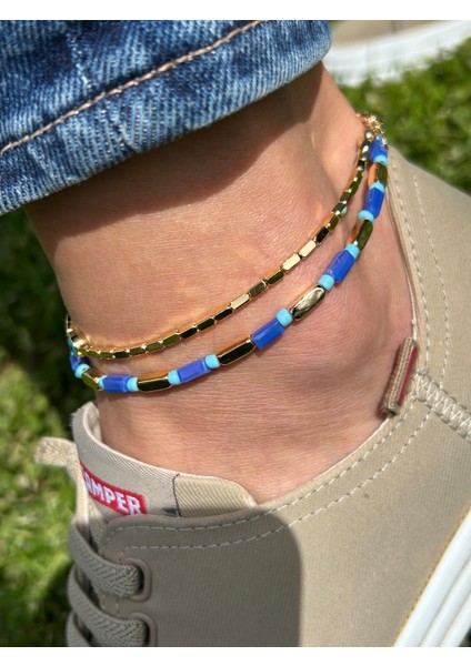 Zarif Şık Kadın Kararmaz Gold Mavi 2li Takım 26 cm Boncuk Halhal