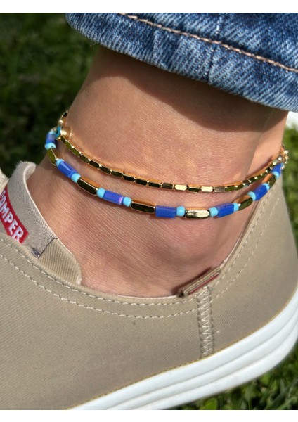 Zarif Şık Kadın Kararmaz Gold Mavi 2li Takım 26 cm Boncuk Halhal fiyatları