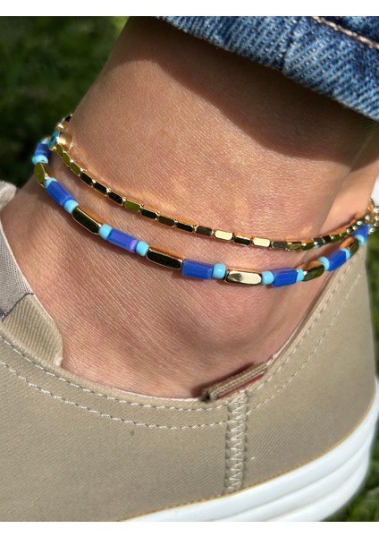 Zarif Şık Kadın Kararmaz Gold Mavi 2li Takım 26 cm Boncuk Halhal modelleri