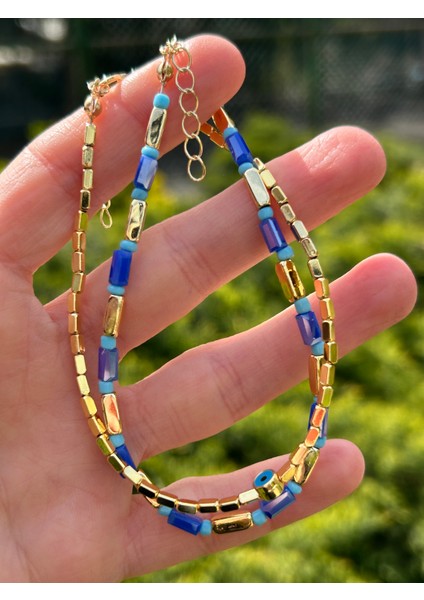 Zarif Şık Kadın Kararmaz Gold Mavi 2li Takım 26 cm Boncuk Halhal fırsatları