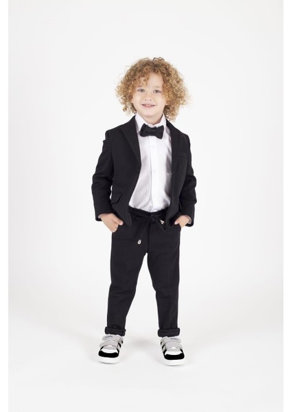 Erkek Çocuk Klasik Takım Elbise - Papyonlu, Siyah Slim Fit Özel Gün Kombini
