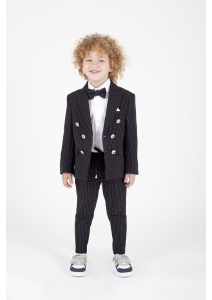 Çocuk Siyah Çizgili Smokin Takımı - 3-12 Yaş | Şık ve Rahat Özel Gün Kombini