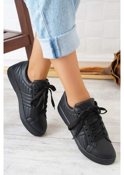 Y-1035 Siyah Cilt Bağlı Kalın Taban Sneakers Günlük Spor Ayakkabı