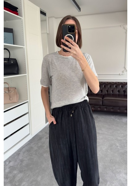 Renk Detay Triko Tshirt- Gri
