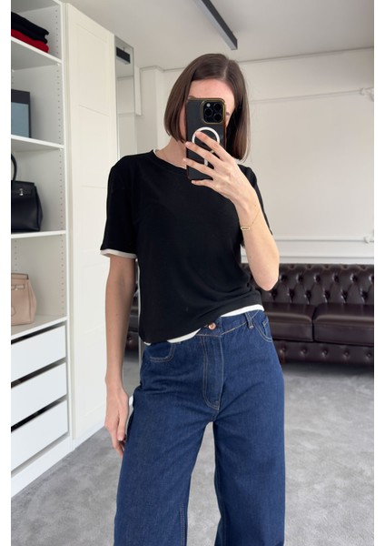 Renk Detay Triko Tshirt- Siyah