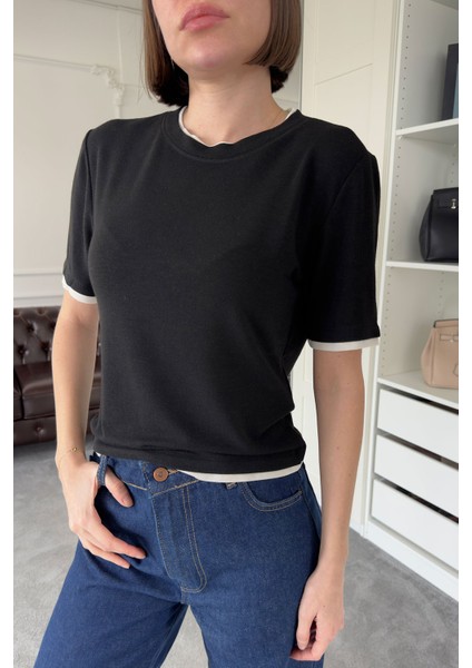 Renk Detay Triko Tshirt- Siyah