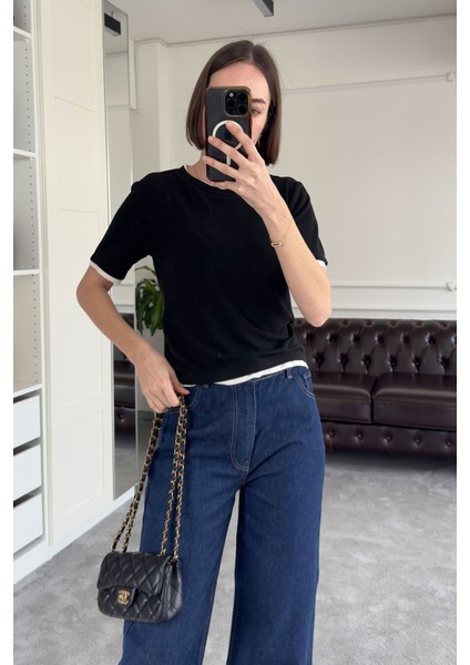 Renk Detay Triko Tshirt- Siyah
