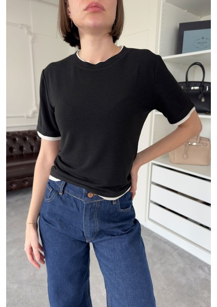 Renk Detay Triko Tshirt- Siyah