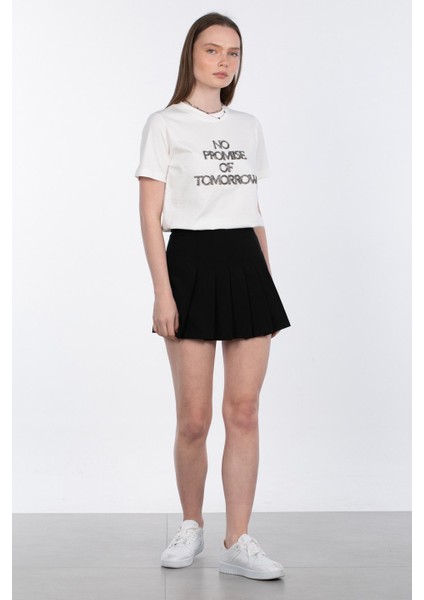 Bisiklet Yaka Taş Işlemeli T-Shirt - Ekru