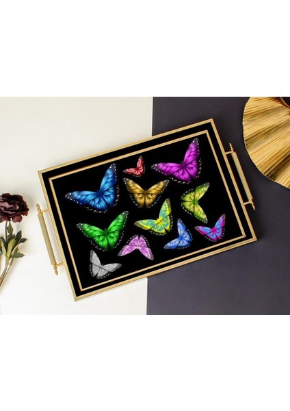50X31CM Kulplu Siyah Gold Kelebek Desen Ahşap/cam Tepsi S-1023