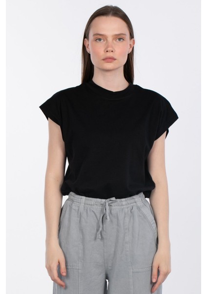 Düşük Kol Basic T-Shirt - Siyah