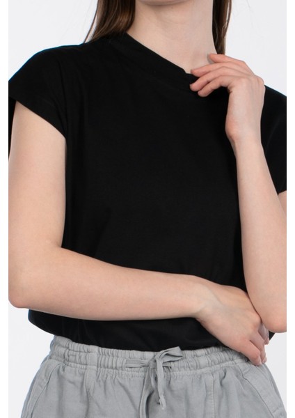 Düşük Kol Basic T-Shirt - Siyah