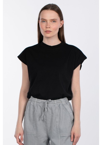 Düşük Kol Basic T-Shirt - Siyah