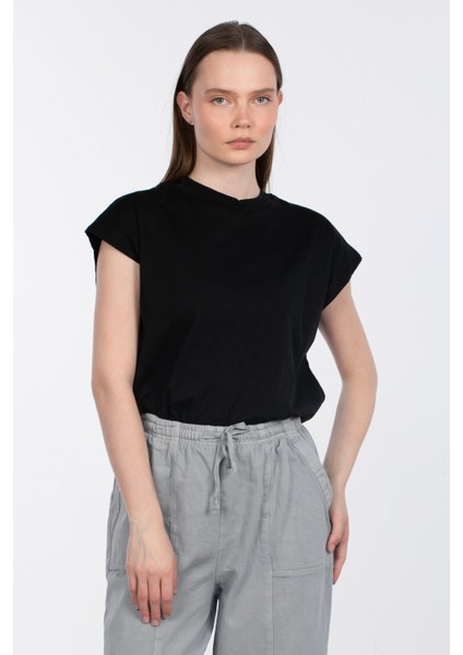 Düşük Kol Basic T-Shirt - Siyah