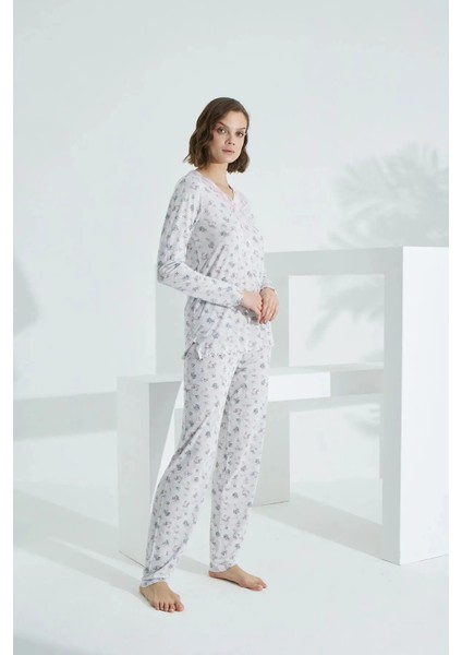 Angelique V Yaka Uzun Kol Kadın Pijama Takım 22005 modelleri