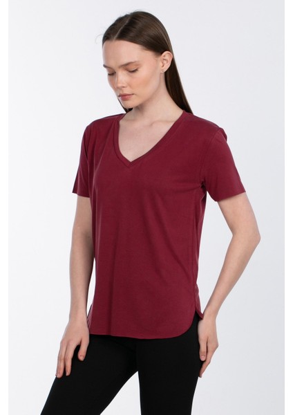 Modal V Yaka Yanı Yırtmaçlı T-Shirt - Bordo fiyatları