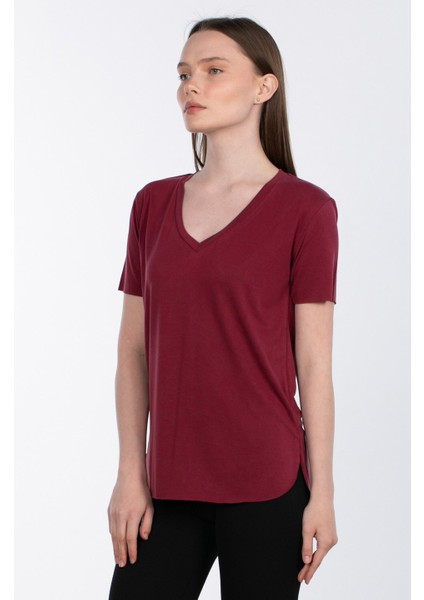 Modal V Yaka Yanı Yırtmaçlı T-Shirt - Bordo modelleri