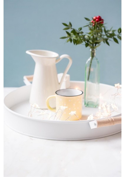 Country Tarzı Beyaz Metal Tepsi 26 cm