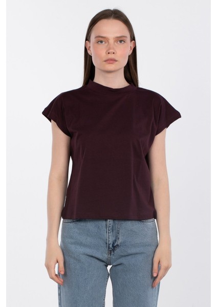 Düşük Kol Basic T-Shirt - Mürdüm