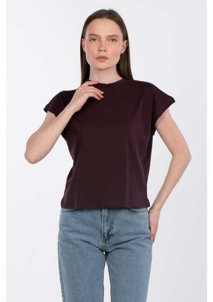Düşük Kol Basic T-Shirt - Mürdüm fiyatları
