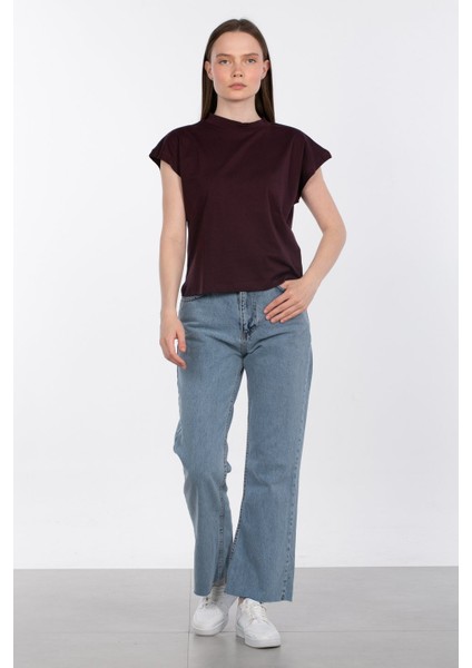 Düşük Kol Basic T-Shirt - Mürdüm fırsatları