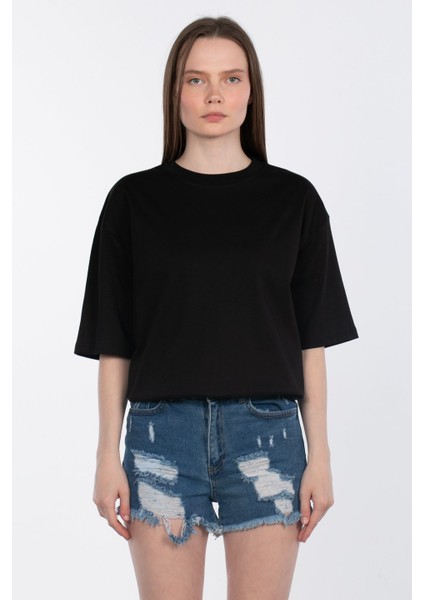 Bisiklet Yaka Oversize T-Shirt 3139 - Siyah