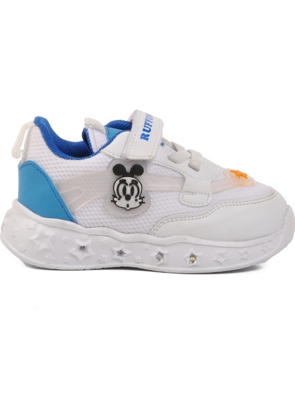 Beyaz Mavi Cırtlı Işıklı Hafif Çocuk Spor Ayakkabı Ruffon B