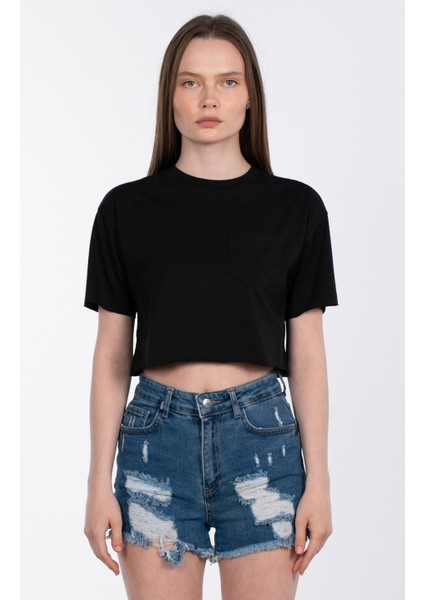 Bisiklet Yaka Cepli Crop T-Shirt - Siyah