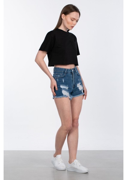 Bisiklet Yaka Cepli Crop T-Shirt - Siyah fırsatları