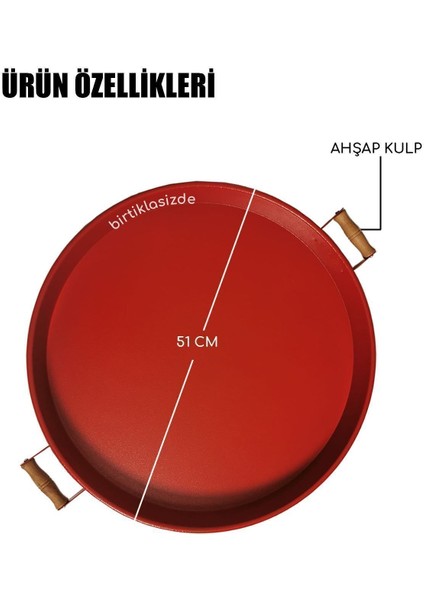 51 cm Ahşap Kulplu Metal Yuvarlak Kırmızı Tepsi Sunum Tepsi, Kahvaltı Tepsisi