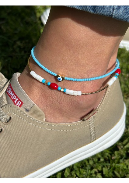 Zarif Şık Kadın Kararmaz Gold Beyaz 2li Takım Etnik Model 26 cm Boncuk Halhal