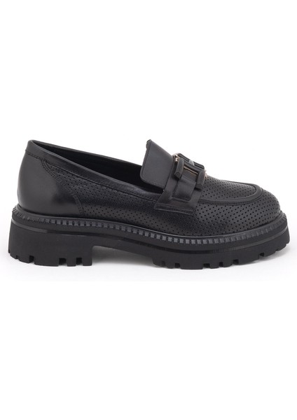 2411530 Kadın Deri Baskılı Tokalı Kalın Taban Loafer Ayakkabı