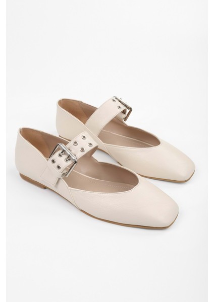 Kadın Vell Ekru Cilt Kemer Tokalı Babet