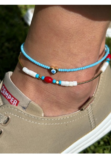 Zarif Şık Kadın Kararmaz Gold Beyaz 2li Takım Etnik Model 26 cm Boncuk Halhal modelleri