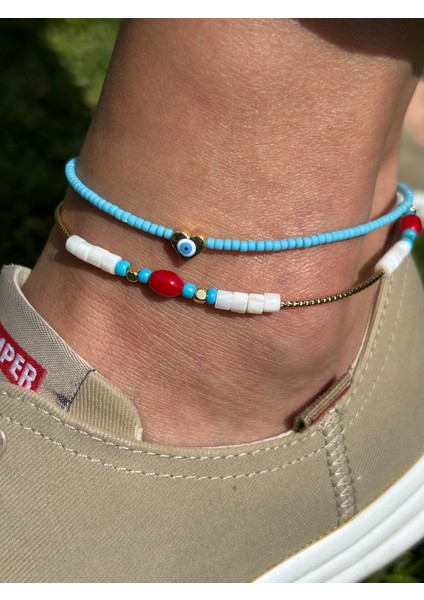 Zarif Şık Kadın Kararmaz Gold Beyaz 2li Takım Etnik Model 26 cm Boncuk Halhal fırsatları