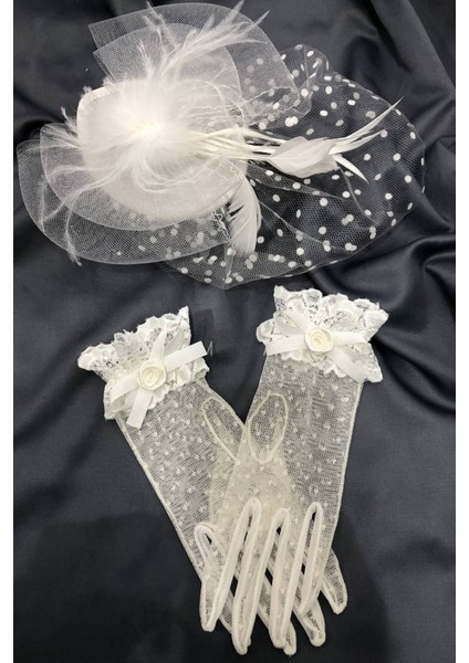 Beyaz Dantelli Eldiven-Puantiyeli Vualet Nikah Şapkası