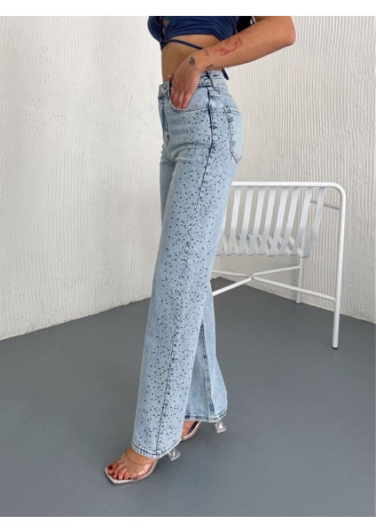 Kadın Yanları Taşlı Palazzo Kot Pantolon Buz Mavi